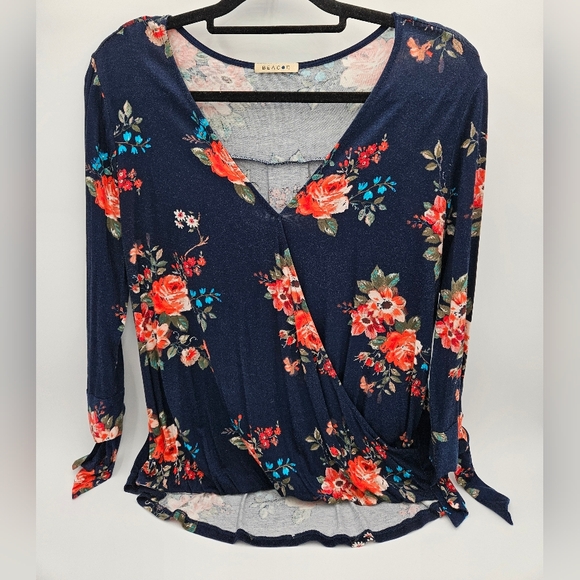 Beacon Apparel Tops - Beacon Women's Floral V-Neck Faux Wrap Blouse - Navy and Red  Size L